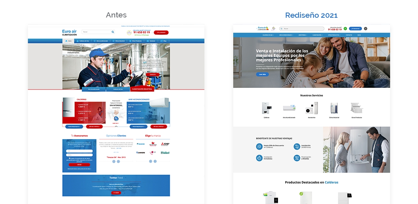 Web de Euro Air antes y después del último rediseño de 2021