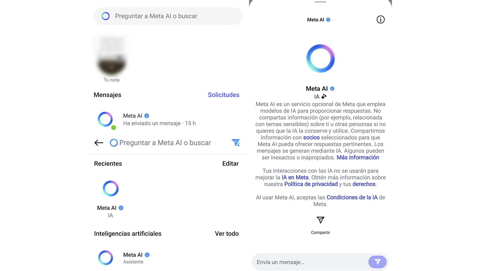 Acceso a Meta AI desde la barra de búsqueda de Instagram y desde la bandeja de mensajes directos. Acceso a Meta AI desde la barra de búsqueda de Instagram y desde la bandeja de mensajes directos.