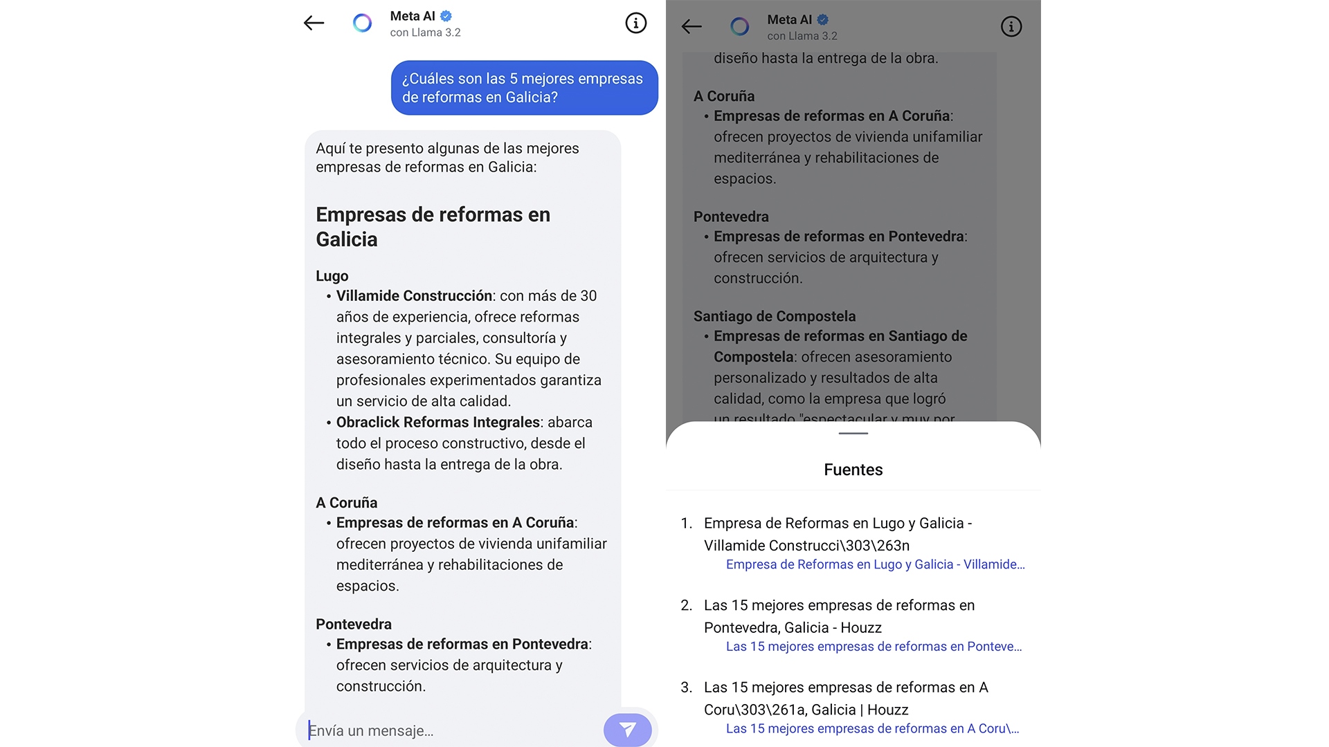 Ejemplo de consulta en Meta AI con resultados de marcas, donde se muestran también las fuentes. Ejemplo de consulta en Meta AI con resultados de marcas, donde se muestran también las fuentes.
